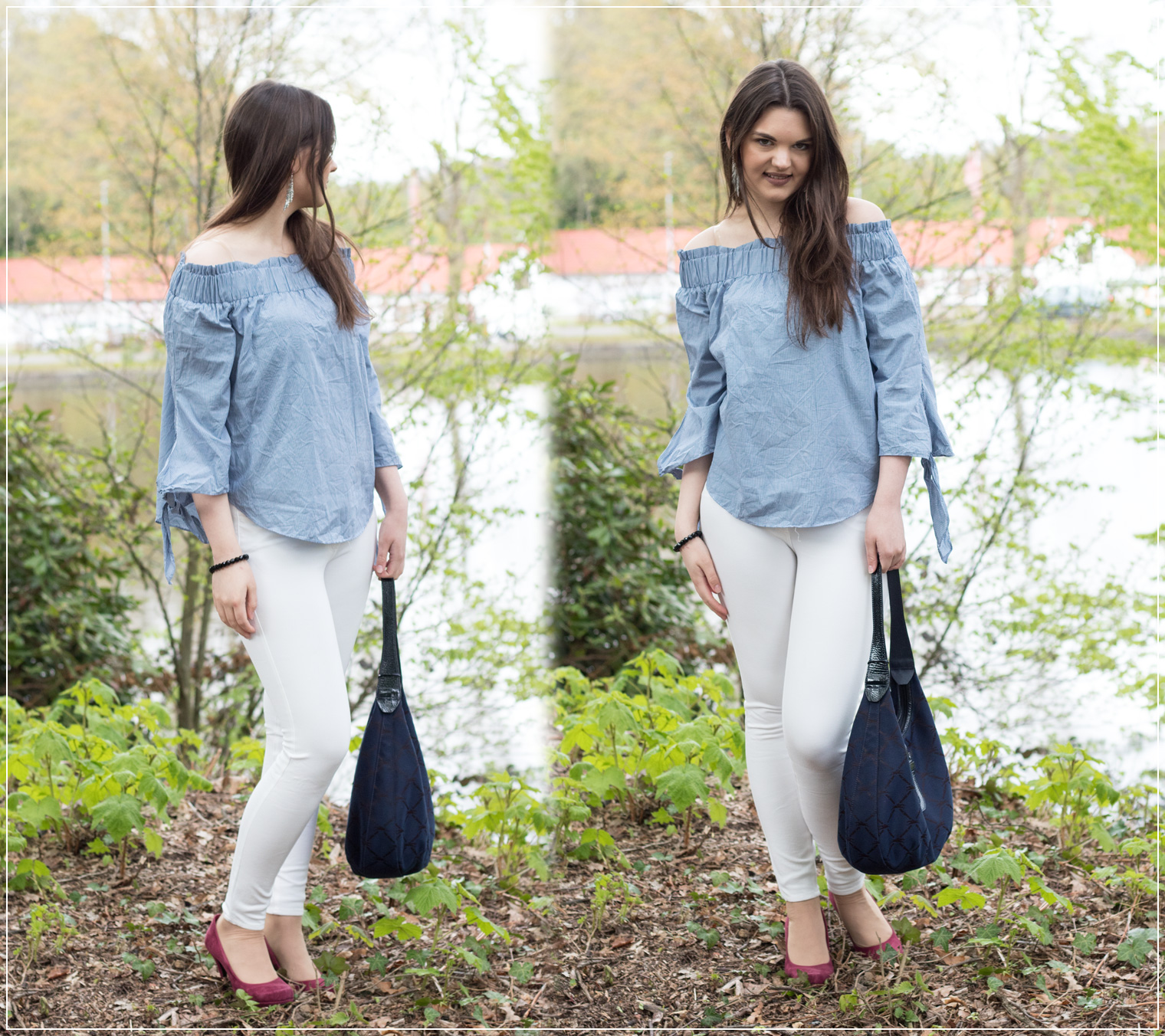 Off-Shoulder-Bluse, white Jeans, Longchamp Bag, Frühlingstrend