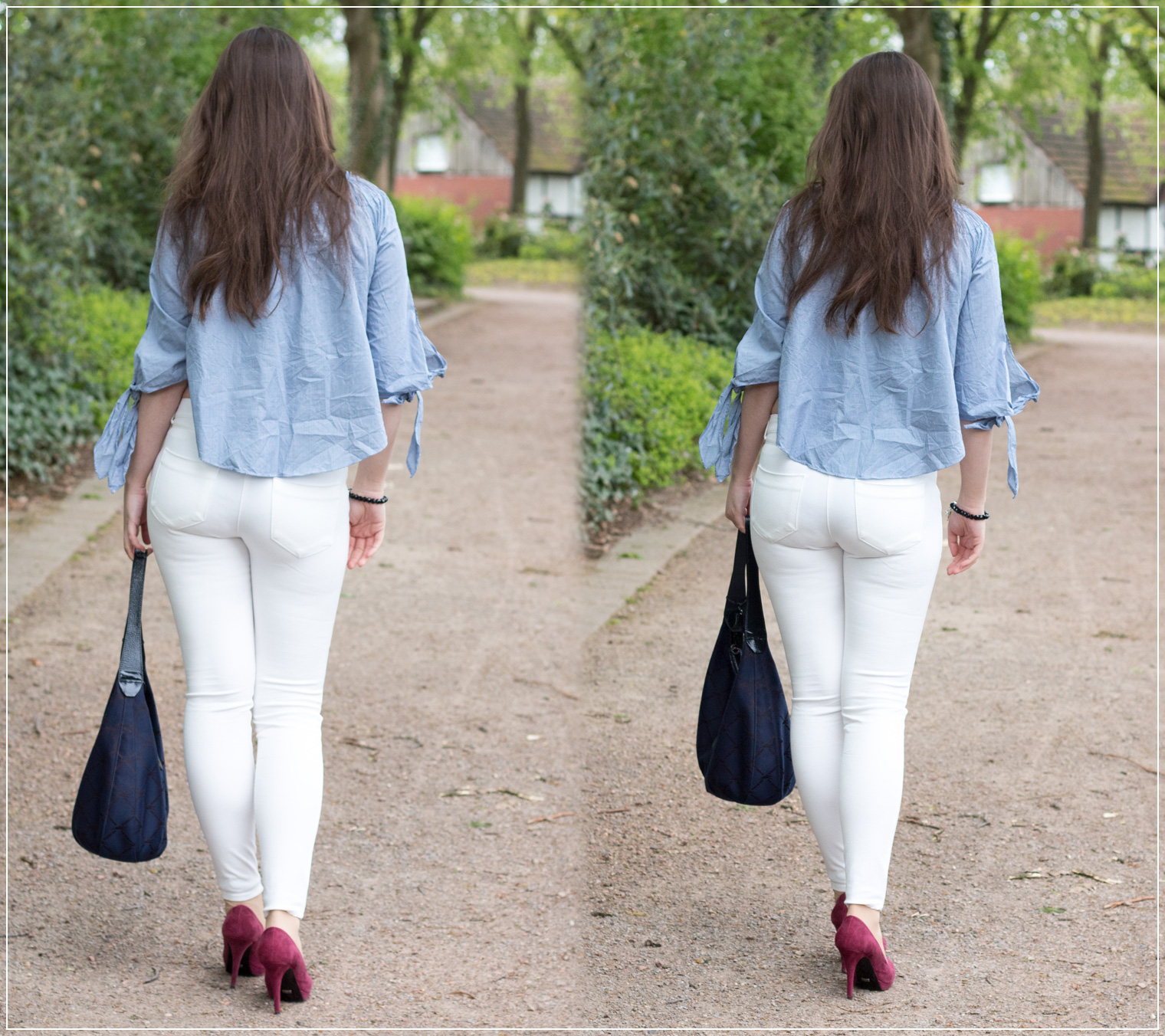 Off-Shoulder-Bluse, white Jeans, Longchamp Bag, Frühlingstrend