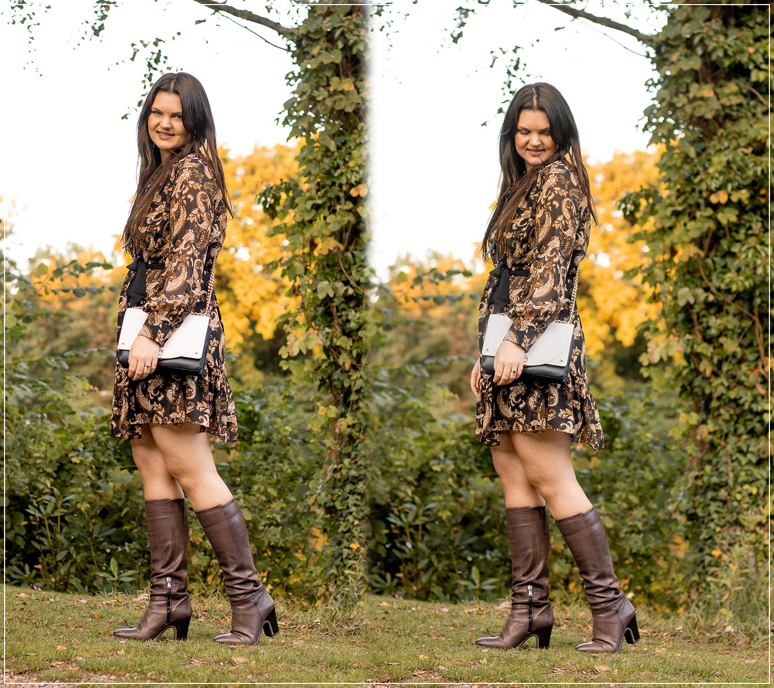 Kurzes Paisley-Kleid als Herbstlook mit Stiefeln stylen