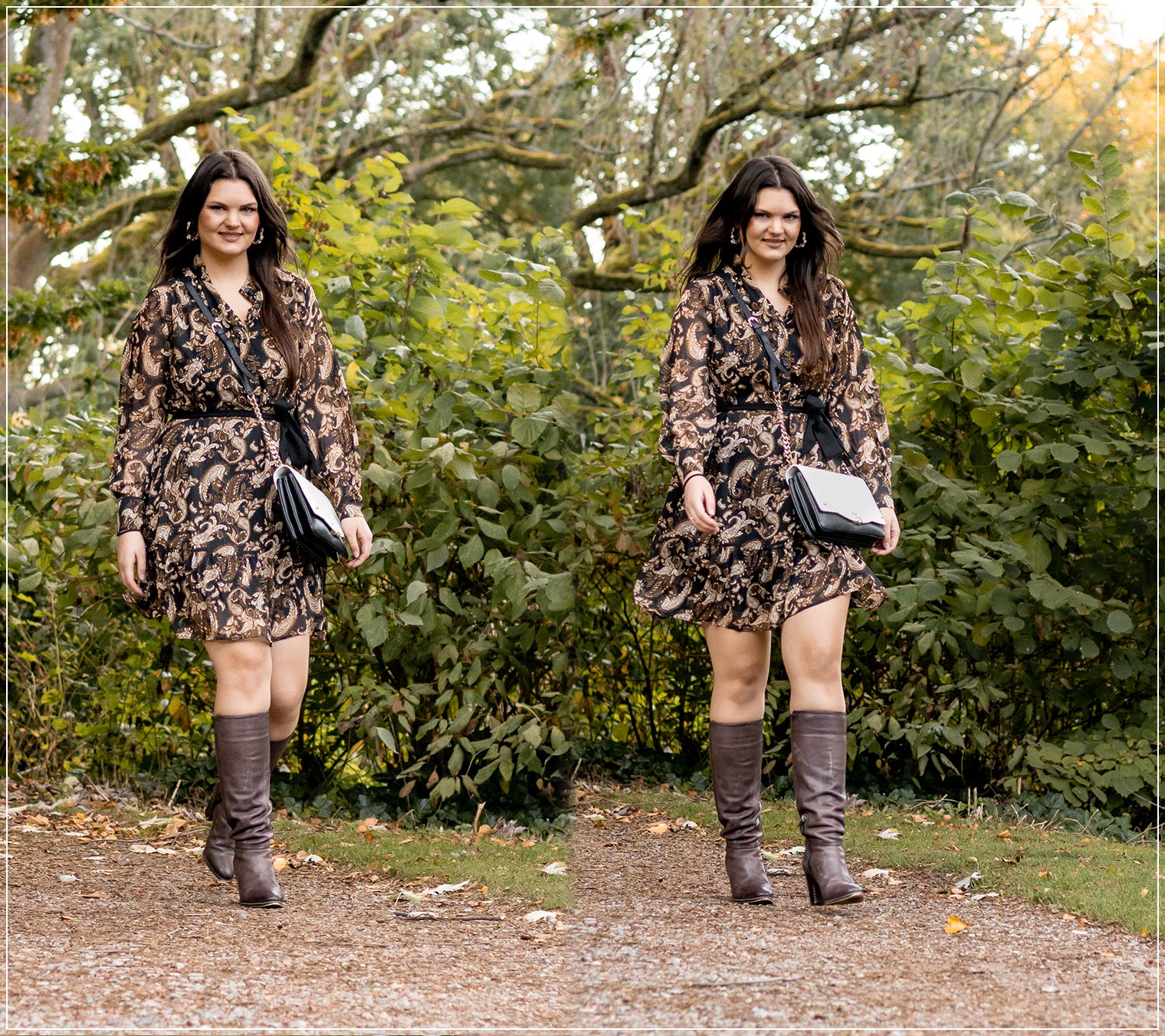 Kurzes Paisley-Kleid als Herbstlook mit Stiefeln stylen
