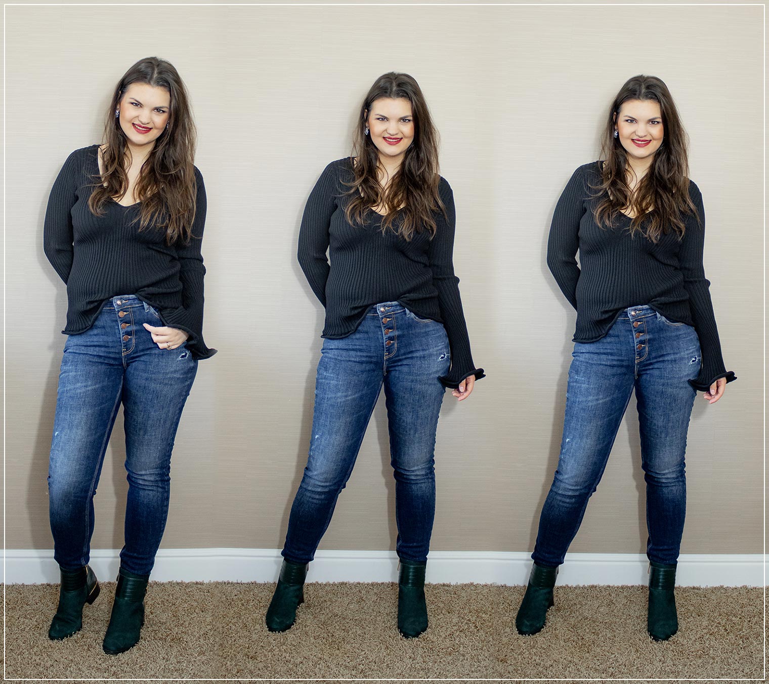 Jeans kombiniert mit Stiefeletten und Pullover
