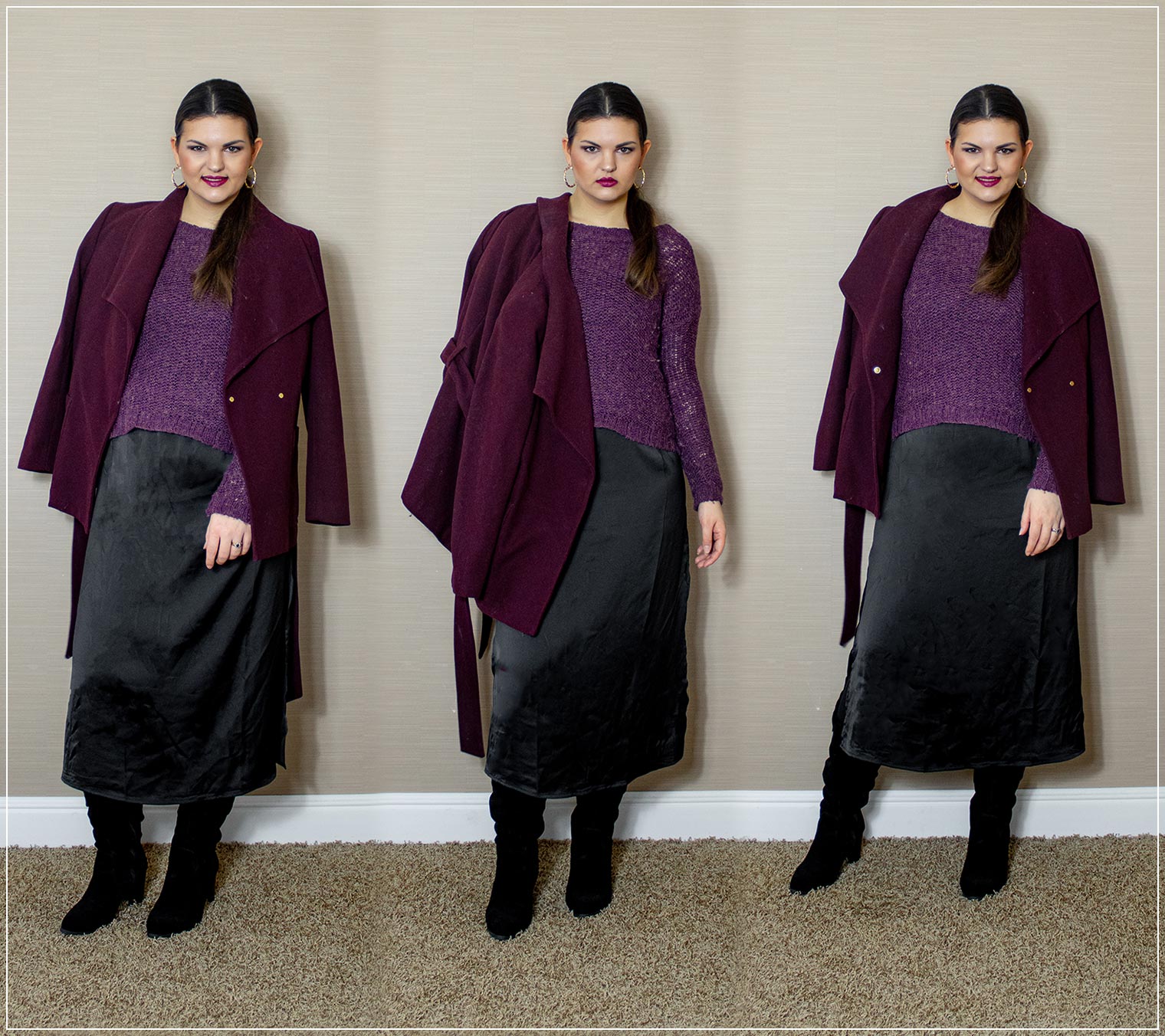 Winterlook aus Satin-Kleid, Pullover, Stiefeln und Wolljacke