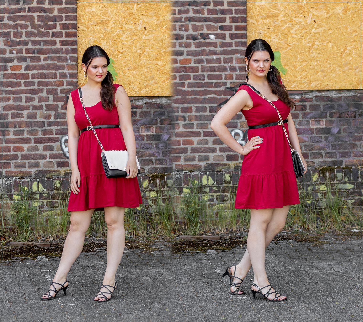 Sommerlicher Look aus einem roten Basic Kleid und goldenen Akzenten