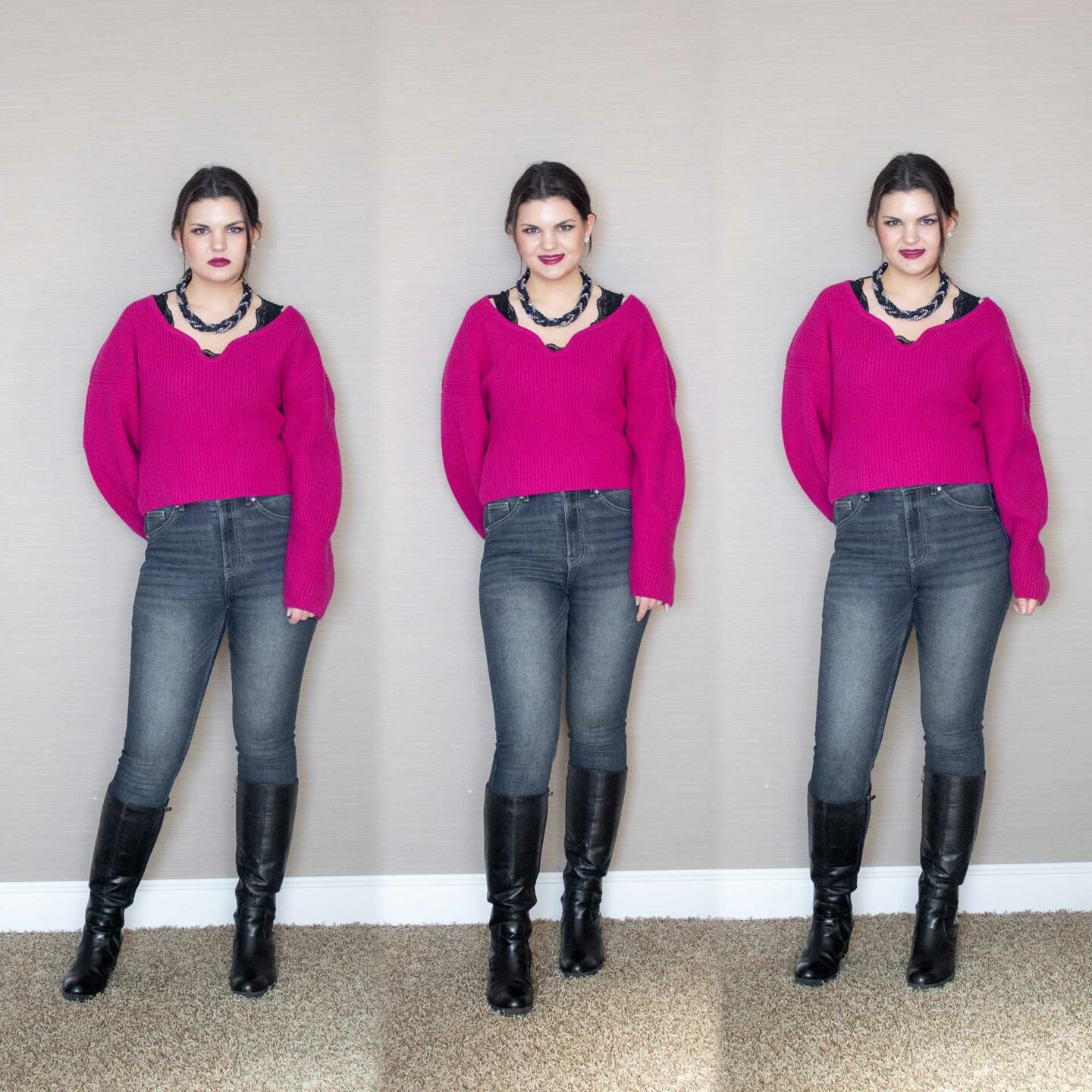Winterlook mit pinkfarbenen Wollpullover, Skinny Jeans, Stiefeln und Statementkette
