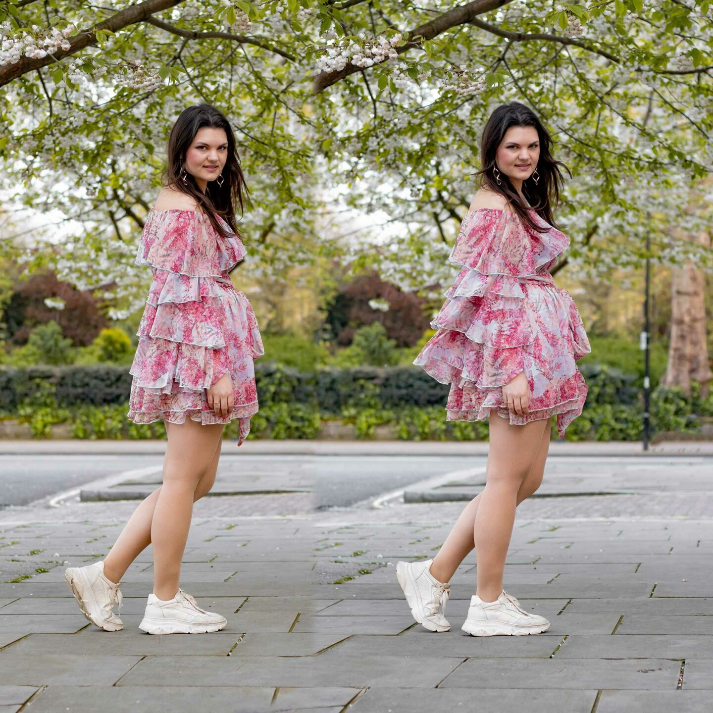 Verspielter Frühlingslook aus Off-Shoulder-Kleidund hellen Sneaker in London