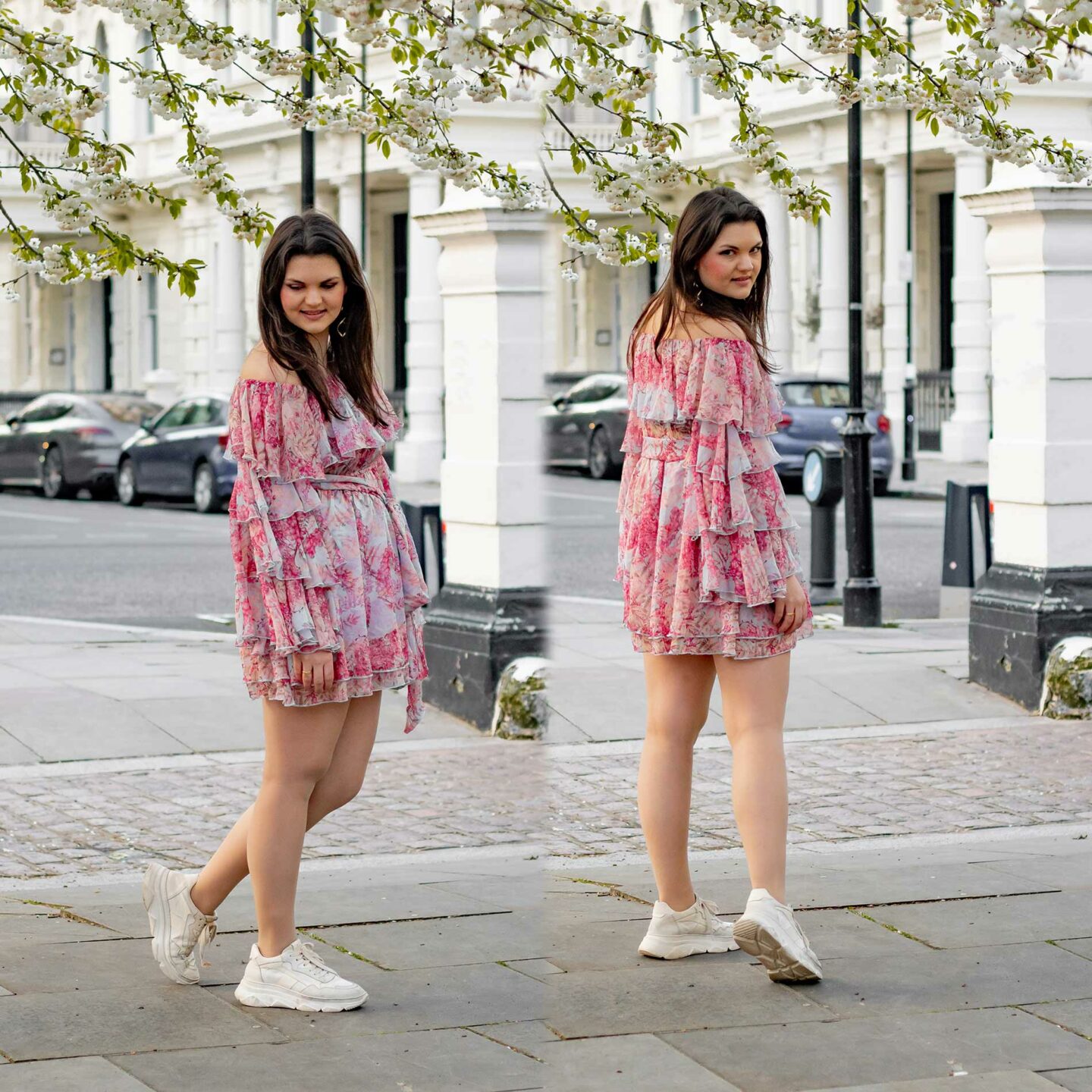 Verspielter Frühlingslook aus Off-Shoulder-Kleidund hellen Sneaker in London