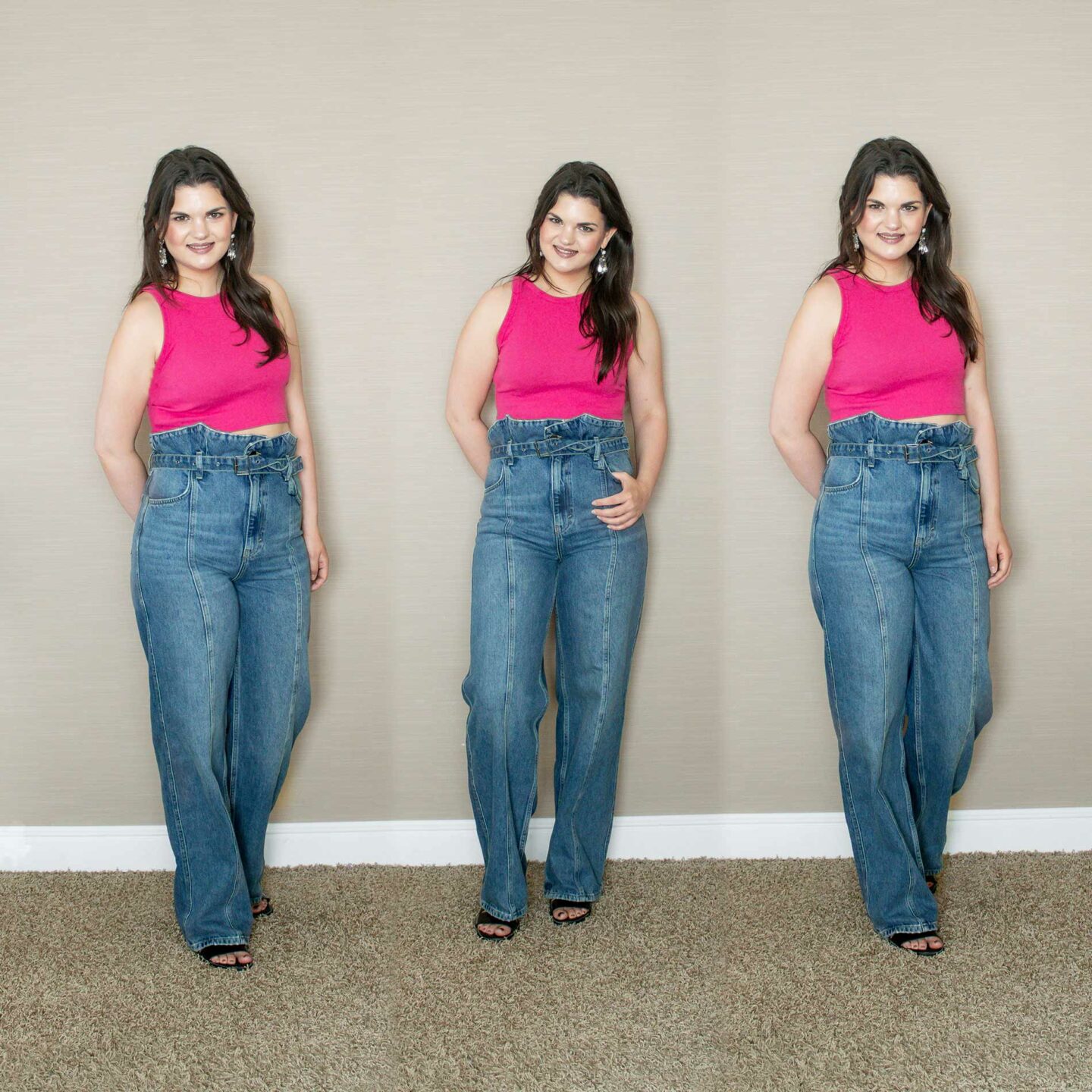 Sommeroutfit aus Wide Leg Jeans und Crop Top in der Trendfarbe pink